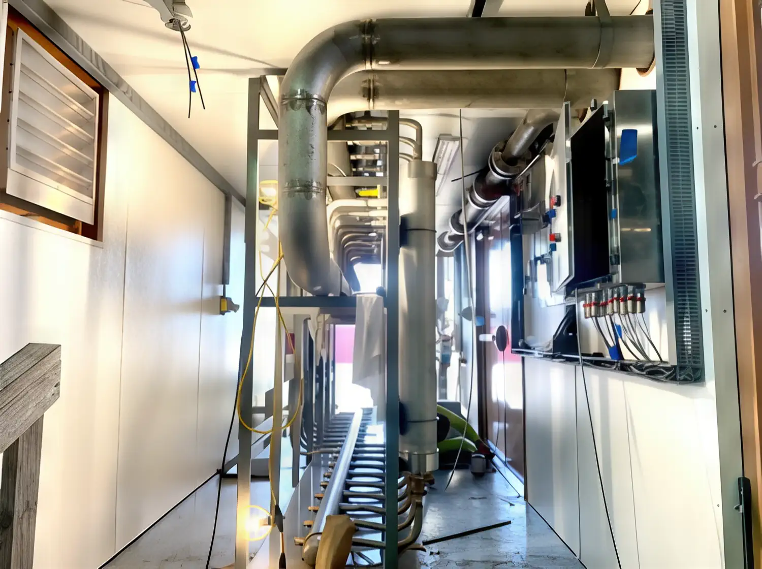 Industrial piping and control panels inside a white mechanical room.