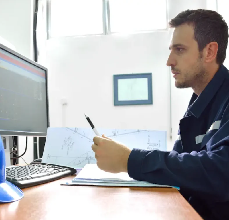 Offshore structural engineer reviewing design drawings and engineering calculations for an offshore module.