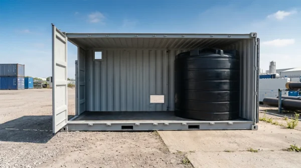 Open shipping container with large black water tank