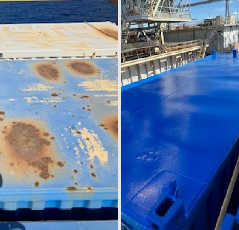 Before-and-after view of exterior corrosion repair and recoating on an offshore module