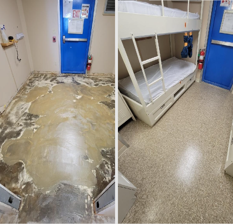Before-and-after view of flooring refurbishment inside an offshore accommodation module