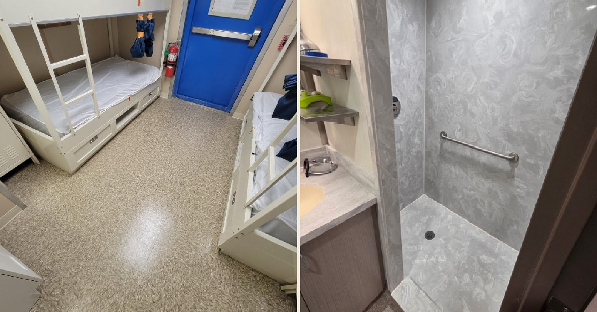 Refurbished offshore accommodation module showing sleeping quarters and updated shower facilities