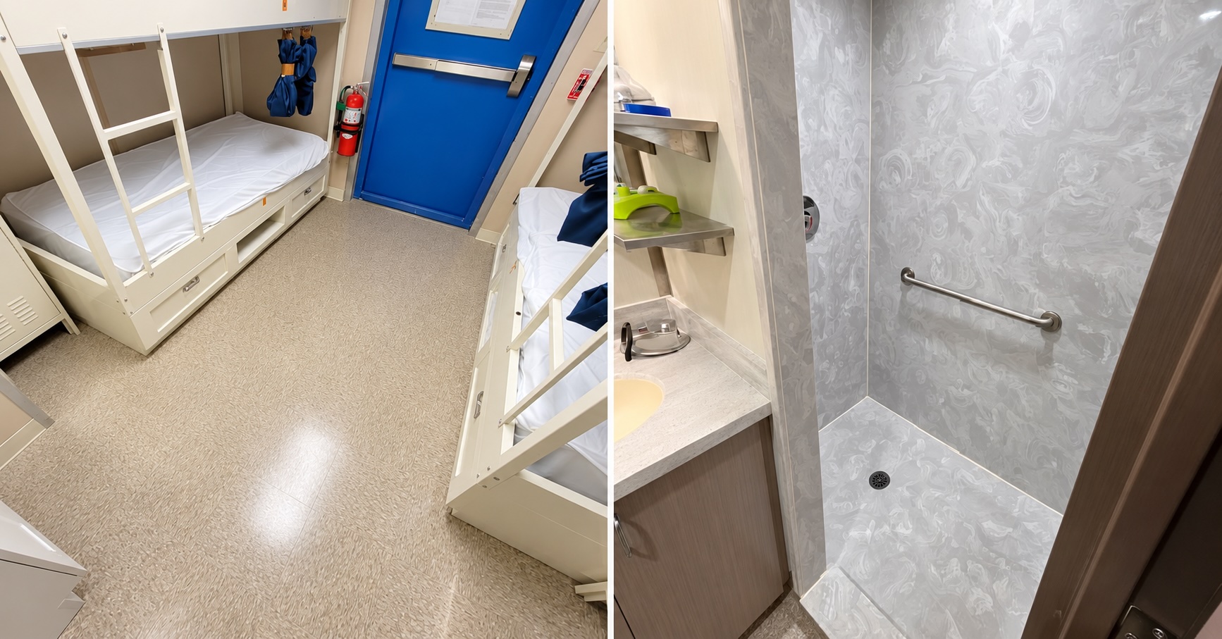 Refurbished offshore accommodation module showing sleeping quarters and updated shower facilities.