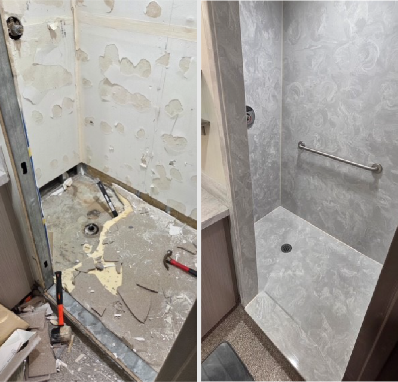 Before-and-after view of shower refurbishment inside an offshore accommodation module