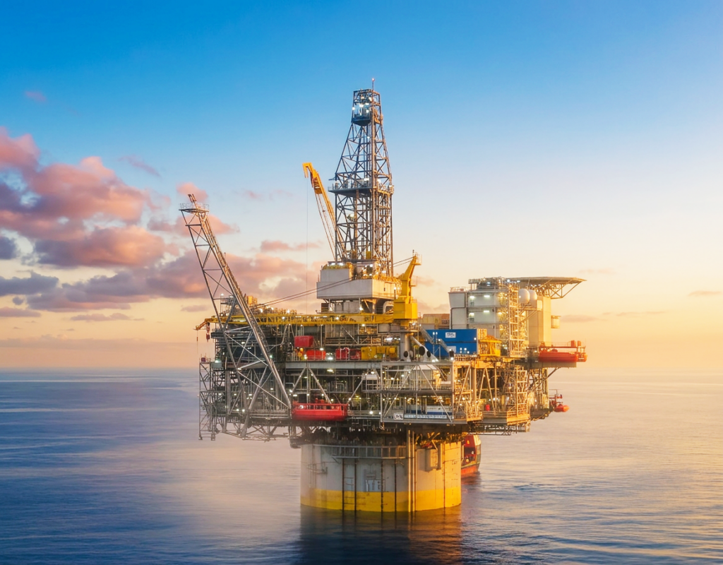 Large oil platform at sunset on calm ocean.